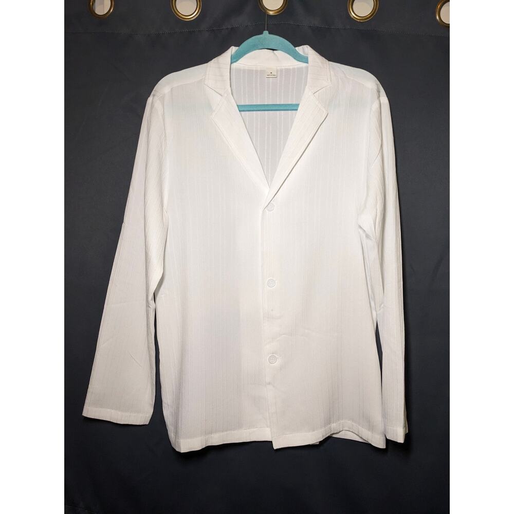 Unbranded - M - White - Light Button Down, Sheer, Subtle Textured Tonal Stripes